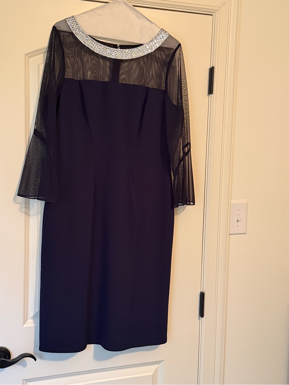 Alex Evenings Navy Sheer-Sleeve Cocktail Dress with Rhinestone Collar
